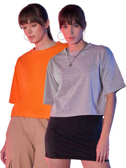 Buynewtrend - Orange Grey Cotton Solid Loose Fit Women Cropped T-Shirt (Pack of 2)