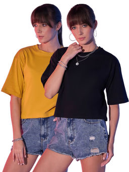 Buynewtrend - Mustard Black Cotton Solid Loose Fit Women Cropped T-Shirt (Pack of 2)
