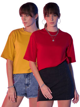 Buynewtrend - Mustard Red Cotton Solid Loose Fit Women Cropped T-Shirt (Pack of 2)
