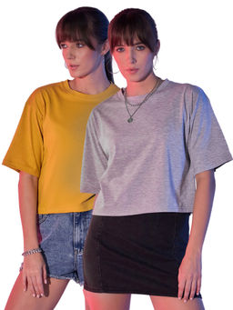 Buynewtrend - Mustard Grey Cotton Solid Loose Fit Women Cropped T-Shirt (Pack of 2)