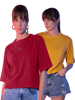 Buynewtrend - Mustard Maroon Cotton Solid Loose Fit Women Cropped T-Shirt (Pack of 2)