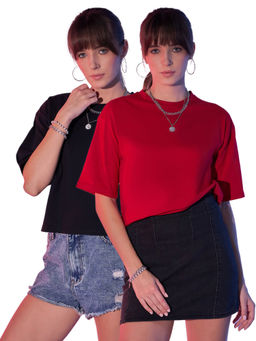 Buynewtrend - Black Red Cotton Solid Loose Fit Women Cropped T-Shirt (Pack of 2)