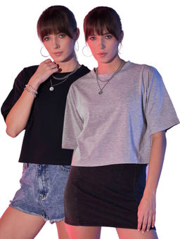 Buynewtrend - Black Grey Cotton Solid Loose Fit Women Cropped T-Shirt (Pack of 2)