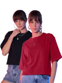 Buynewtrend - Black Maroon Cotton Solid Loose Fit Women Cropped T-Shirt (Pack of 2)