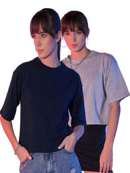 Buynewtrend - Navy Grey Cotton Solid Loose Fit Women Cropped T-Shirt (Pack of 2)