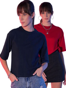 Buynewtrend - Navy Maroon Cotton Solid Loose Fit Women Cropped T-Shirt (Pack of 2)