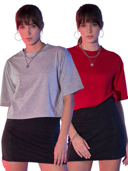 Buynewtrend - Grey Red Cotton Solid Loose Fit Women Cropped T-Shirt (Pack of 2)