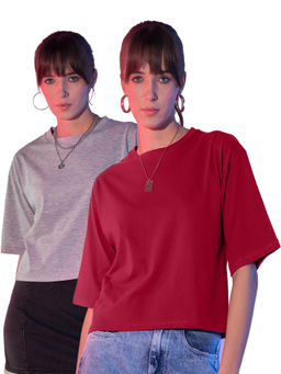 Buynewtrend - Grey Maroon Cotton Solid Loose Fit Women Cropped T-Shirt (Pack of 2)