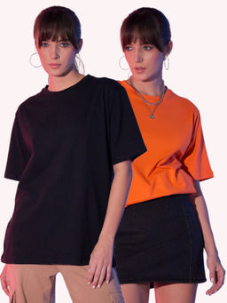 Buynewtrend - Black Orange Solid Oversized Women Long T-Shirt (Pack of 2)