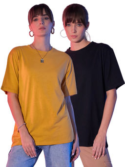Buynewtrend - Black Mustard Solid Oversized Women Long T-Shirt (Pack of 2)