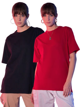 Buynewtrend - Black Red Solid Oversized Women Long T-Shirt (Pack of 2)