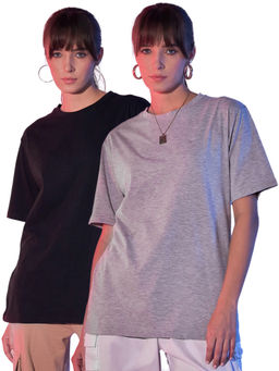 Buynewtrend - Black Grey Solid Oversized Women Long T-Shirt (Pack of 2)