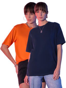 Buynewtrend - Orange Navy Solid Oversized Women Long T-Shirt (Pack of 2)