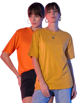 Buynewtrend - Orange Mustard Solid Oversized Women Long T-Shirt (Pack of 2)