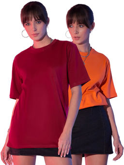Buynewtrend - Orange Maroon Solid Oversized Women Long T-Shirt (Pack of 2)