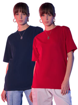 Buynewtrend - Navy Red Solid Oversized Women Long T-Shirt (Pack of 2)