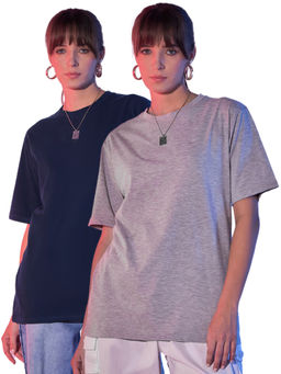 Buynewtrend - Navy Grey Solid Oversized Women Long T-Shirt (Pack of 2)