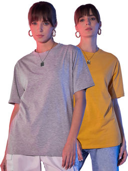 Buynewtrend - Mustard Grey Solid Oversized Women Long T-Shirt (Pack of 2)