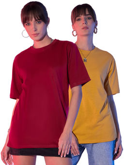 Buynewtrend - Mustard Maroon Solid Oversized Women Long T-Shirt (Pack of 2)