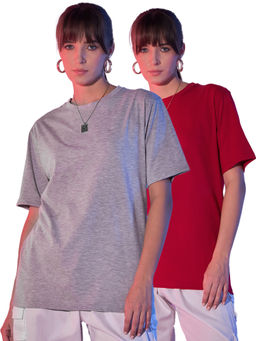 Buynewtrend - Red Grey Solid Oversized Women Long T-Shirt (Pack of 2)