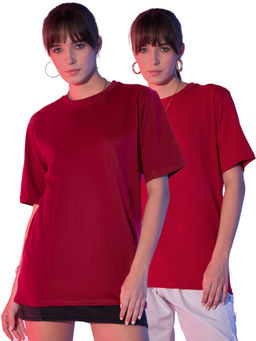 Buynewtrend - Red Maroon Solid Oversized Women Long T-Shirt (Pack of 2)