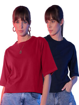 Buynewtrend - Maroon Navy Cotton Solid Loose Fit Women Cropped T-Shirt (Pack of 2)