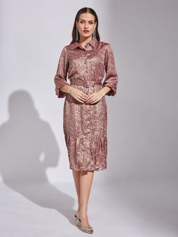 Latin Quarters - Women Pink Printed Dress with Belt (Set of 2)