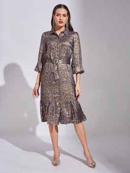 Latin Quarters - Women Grey Printed Dress with Belt (Set of 2)