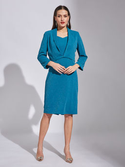 Latin Quarters - Women Teal Solid Dress with Jacket (Set of 2)