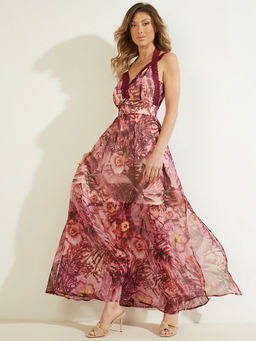 Guess - Women Red Printed V-Neck Chrissy Maxi Dress