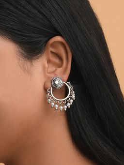 Fida - Oxidised SilverCircular Pearl Drop Earring For Women