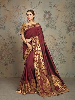 Odette - Maroon Weaved Jacquard Silk Designer Saree with Unstitched Blouse