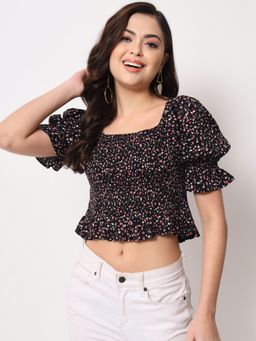 Trend Arrest - Black Floral Print Smocking Crop Top