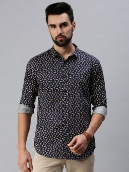 SHOWOFFFF - Men Casual Slim Collar Navy Blue Floral Shirt