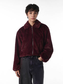 ONLY - Women's Solid Loose Fit Maroon Jacket