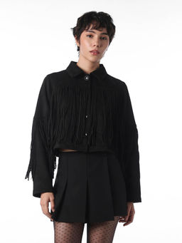 ONLY - Women's Self Design Loose Fit Black Jacket