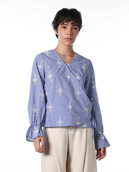 ONLY - Women's Checked Loose Fit Blue Top