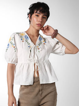 ONLY - Women's Embroidered Peplum White Top
