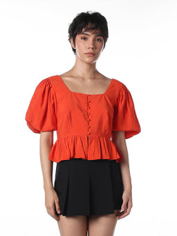 ONLY - Women's Solid Peplum Orange Top