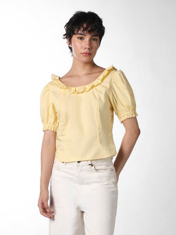 ONLY - Women's Solid Loose Fit Yellow Top