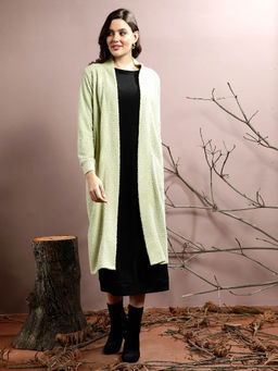 AAREIN - Green Polyester Self Design Long Sleeves Casual Shrug
