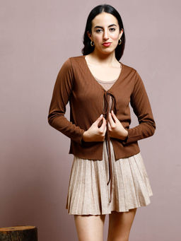 AAREIN - Brown Polyester Solid Long Sleeves Casual Shrug