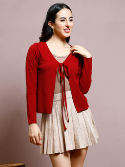 AAREIN - Maroon Polyester Solid Long Sleeves Casual Shrug