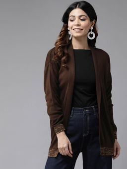 CAYMAN - Women Brown Solid Longline Open Front Shrug