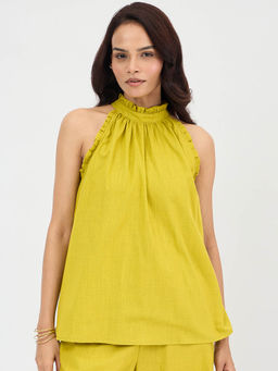 Femmella - Citrine Green Cotton Halter Neck Top