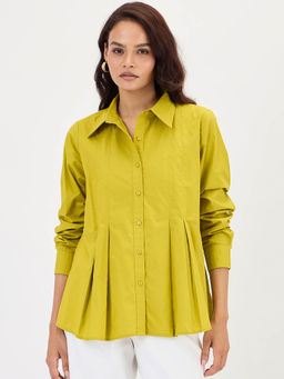 Femmella - Citrine Green Poplin Pleated A-Line Shirt