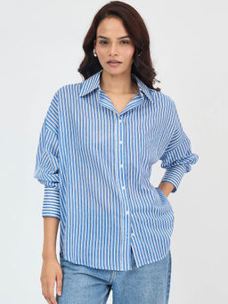 Femmella - Blue Cotton Stripe Oversized Shirt