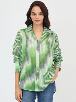 Femmella - Green Cotton Stripe Oversized Shirt
