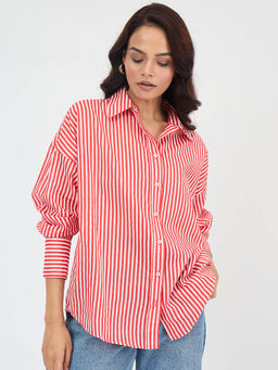 Femmella - Bright Red Cotton Stripe Oversized Shirt