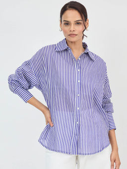 Femmella - Blue Cotton Stripe Oversized Shirt
